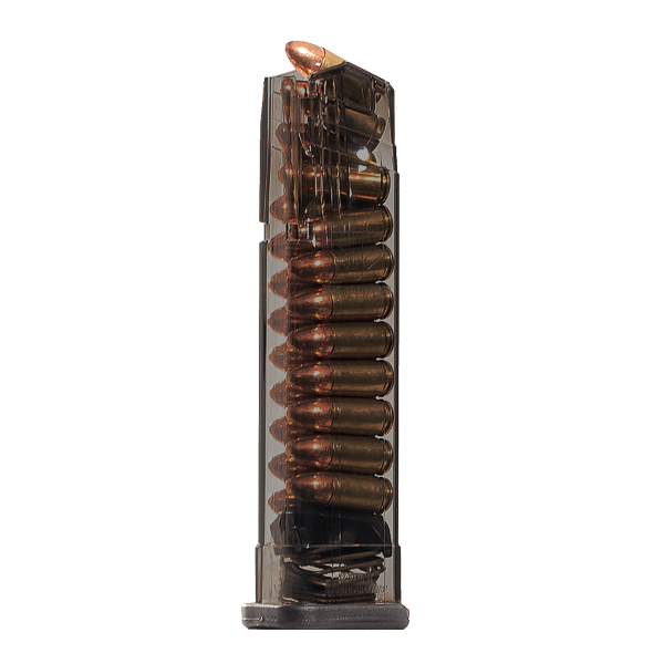 Elite Tactical Systems Carbon Smoke Mag for Sig P320, featuring clear body and fully loaded ammunition.
